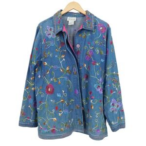 The Quacker‎ Factory Denim Jacket Women's Size S Floral Embroidery Blue